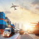 An edited image shows various types of transportation, including a road with semis, a train, a cargo ship, cargo containers, and an airplane flying overhead